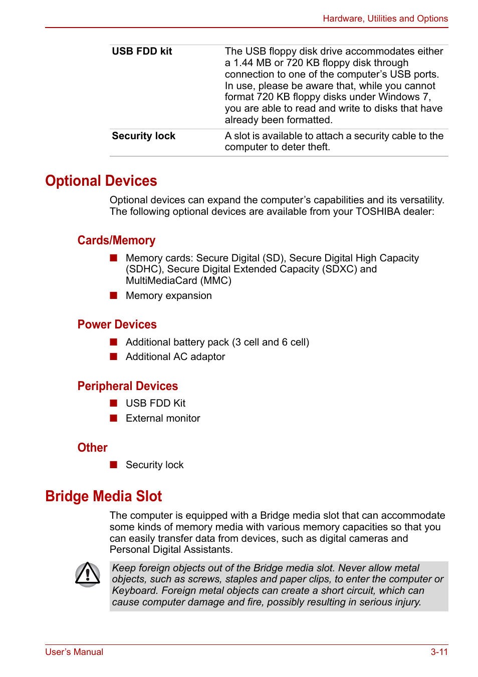 Optional devices, Bridge media slot, Optional devices -11 bridge media slot -11 | Bridge, Media slot | Toshiba Satellite C640 User Manual | Page 56 / 169