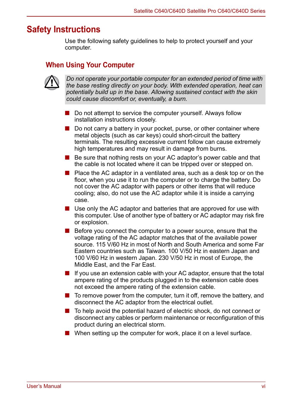 Safety instructions, When using your computer | Toshiba Satellite C640 User Manual | Page 6 / 169