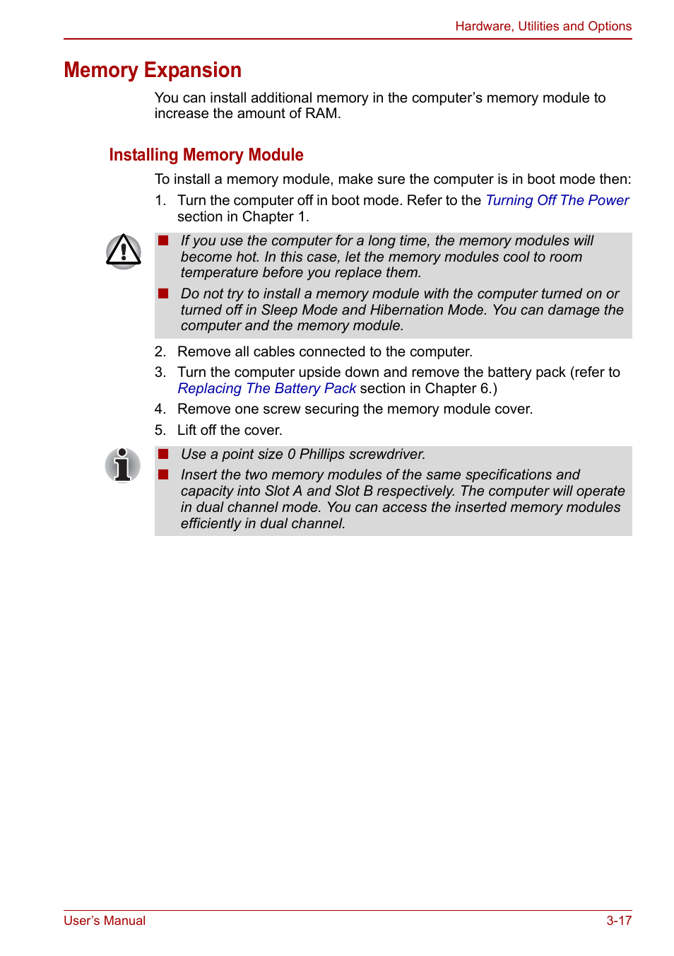 Memory expansion, Memory expansion -17 | Toshiba Satellite C640 User Manual | Page 62 / 169