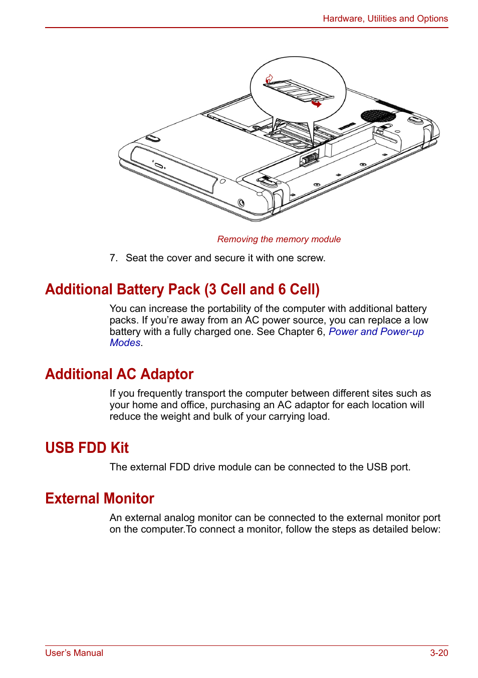 Additional battery pack (3 cell and 6 cell), Additional ac adaptor, Usb fdd kit | External monitor | Toshiba Satellite C640 User Manual | Page 65 / 169