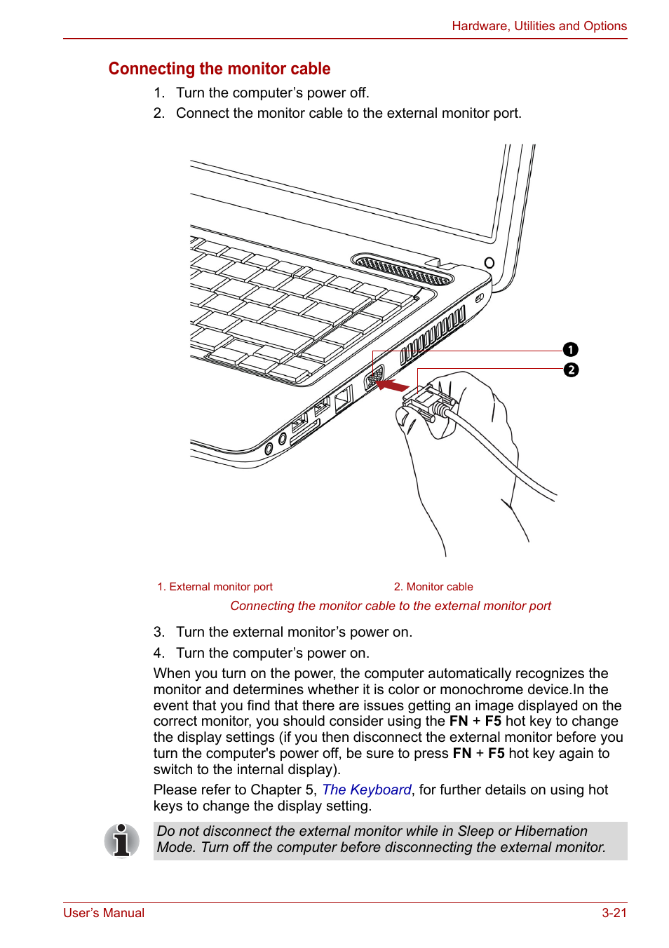 Connecting the monitor cable | Toshiba Satellite C640 User Manual | Page 66 / 169