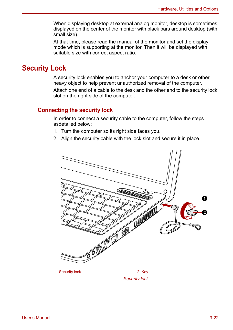 Security lock, Security lock -22, Connecting the security lock | Toshiba Satellite C640 User Manual | Page 67 / 169