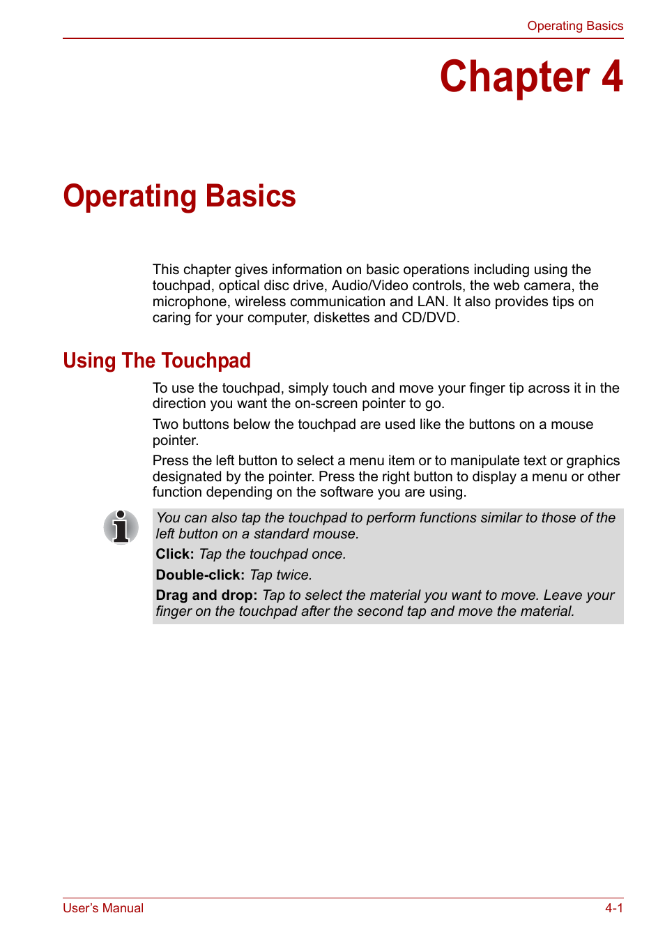 Chapter 4: operating basics, Using the touchpad, Chapter 4 | Operating basics, Using the touchpad -1 | Toshiba Satellite C640 User Manual | Page 68 / 169