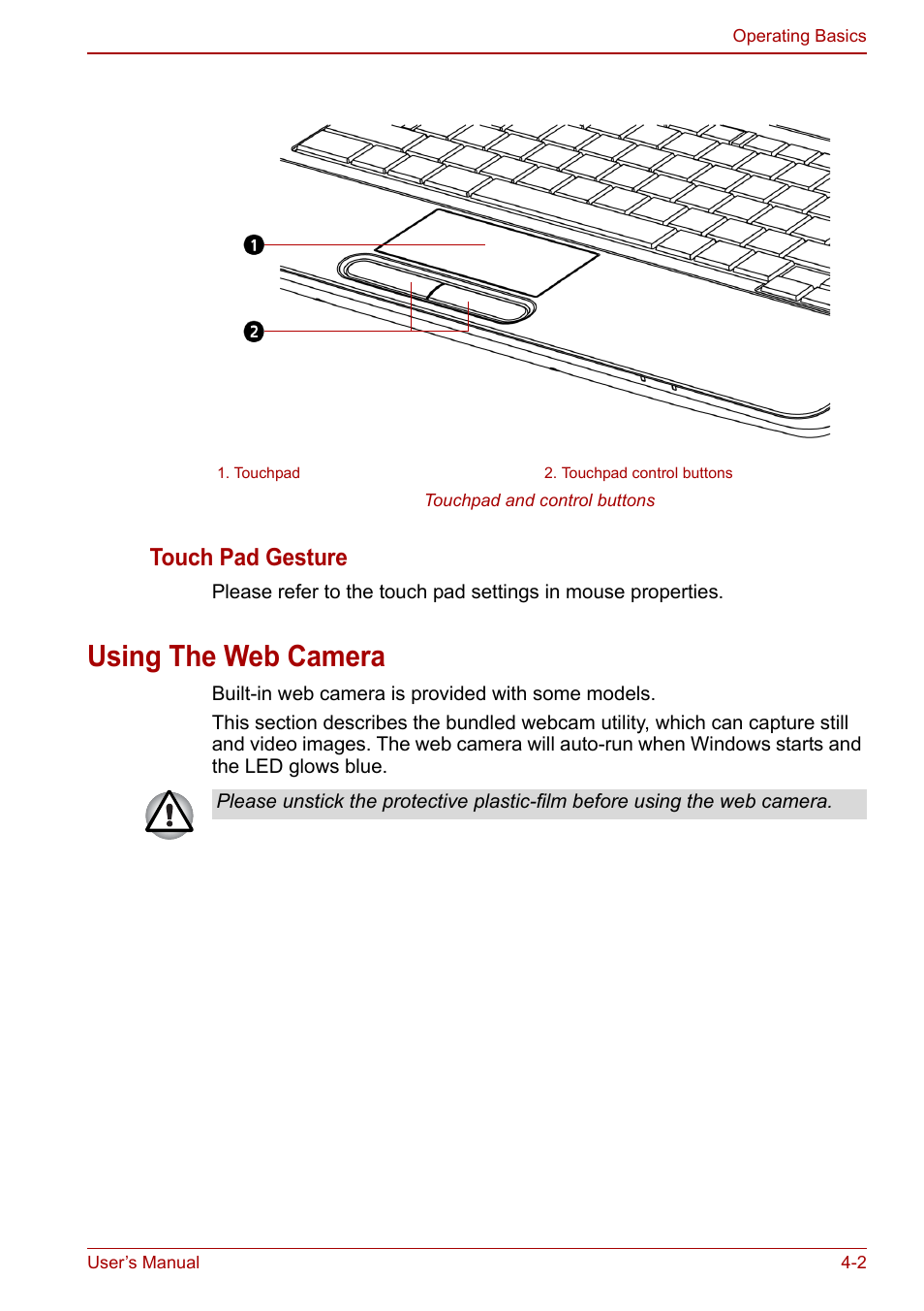 Using the web camera, Using the web camera -2, Touch pad gesture | Toshiba Satellite C640 User Manual | Page 69 / 169