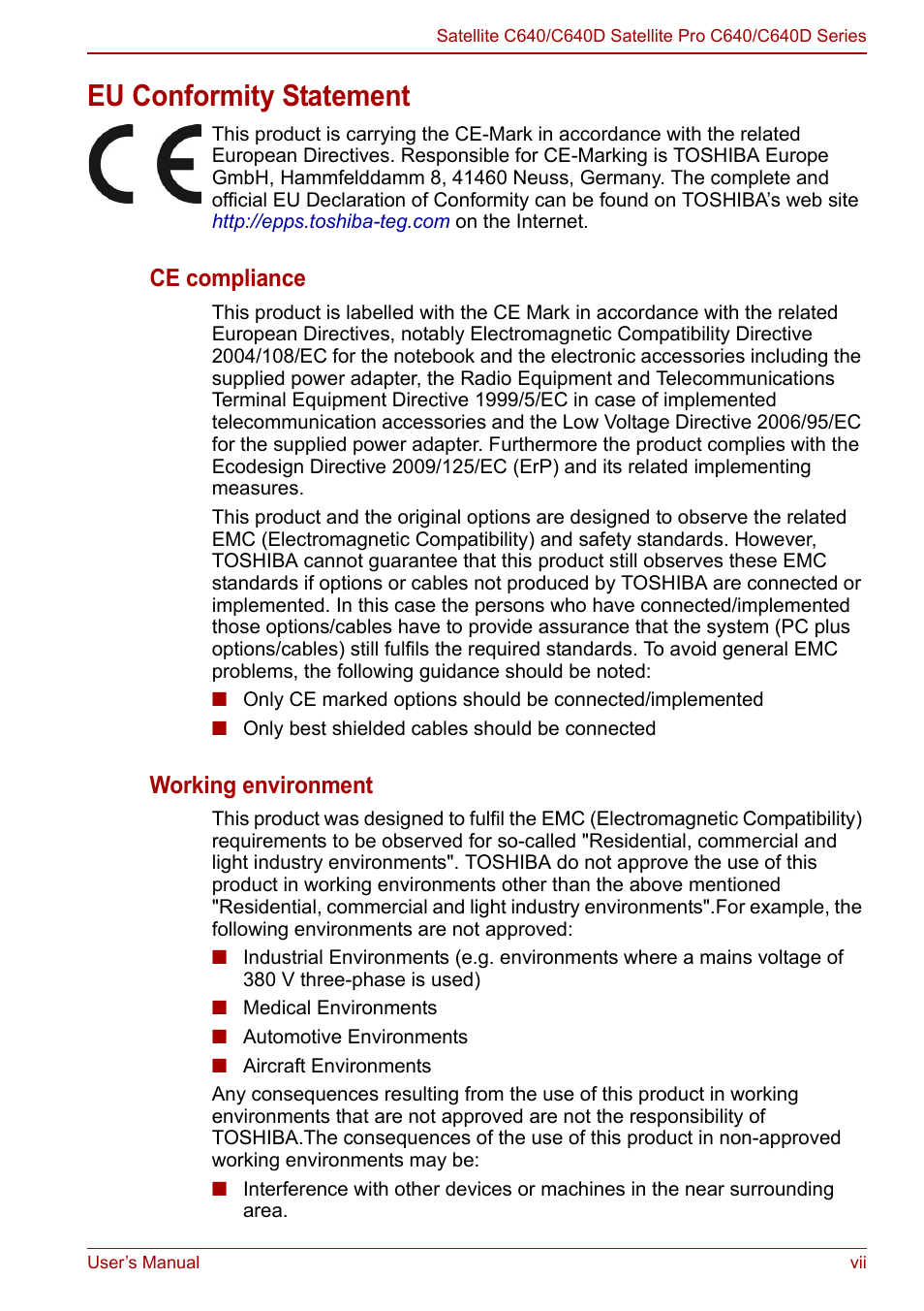 Eu conformity statement, Ce compliance, Working environment | Toshiba Satellite C640 User Manual | Page 7 / 169