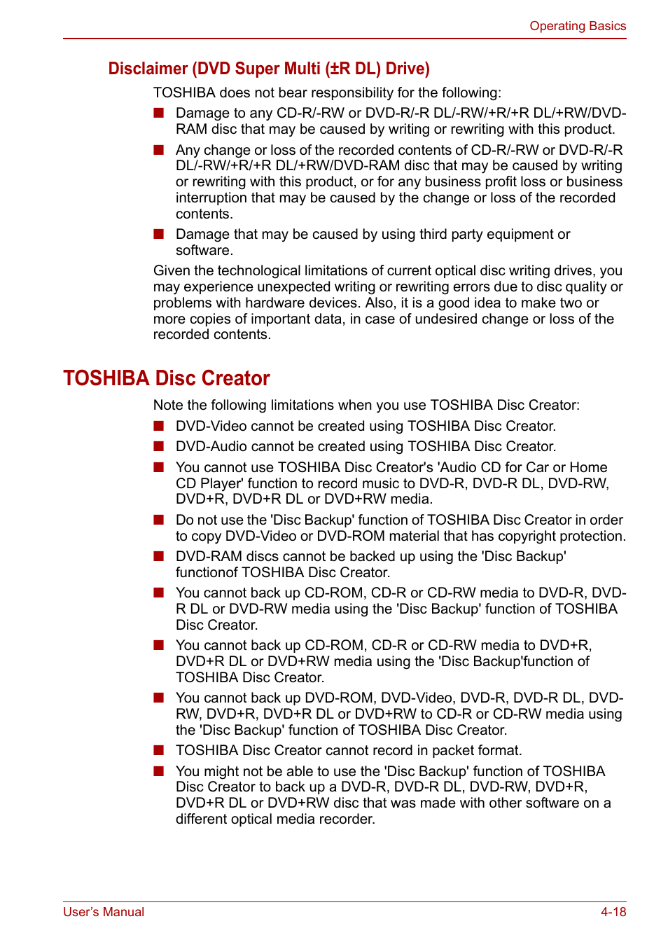 Toshiba disc creator, Toshiba disc creator -18, Disclaimer (dvd super multi (±r dl) drive) | Toshiba Satellite C640 User Manual | Page 85 / 169