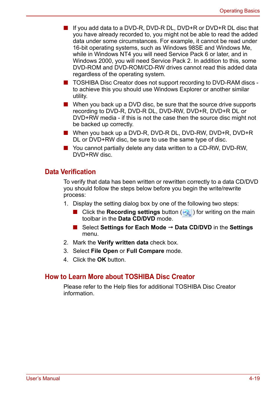 Data verification, How to learn more about toshiba disc creator | Toshiba Satellite C640 User Manual | Page 86 / 169