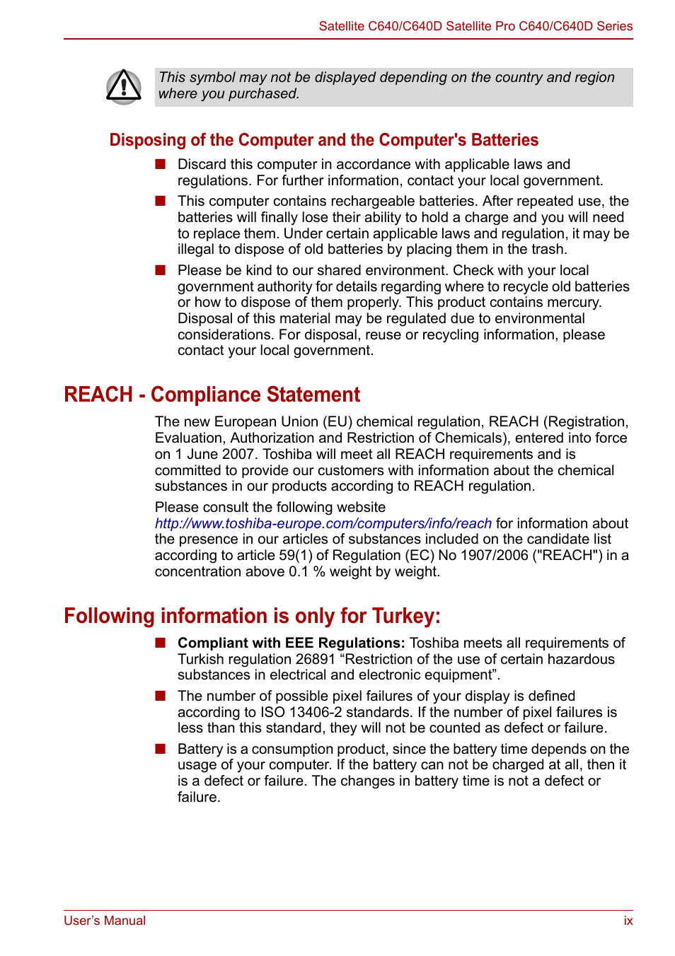 Reach - compliance statement, Following information is only for turkey | Toshiba Satellite C640 User Manual | Page 9 / 169