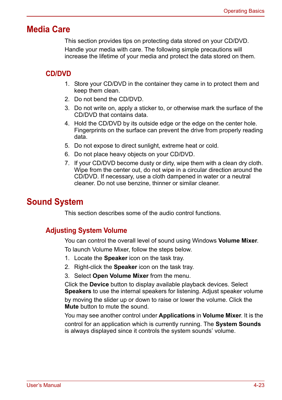 Media care, Sound system, Media care -23 sound system -23 | Toshiba Satellite C640 User Manual | Page 90 / 169