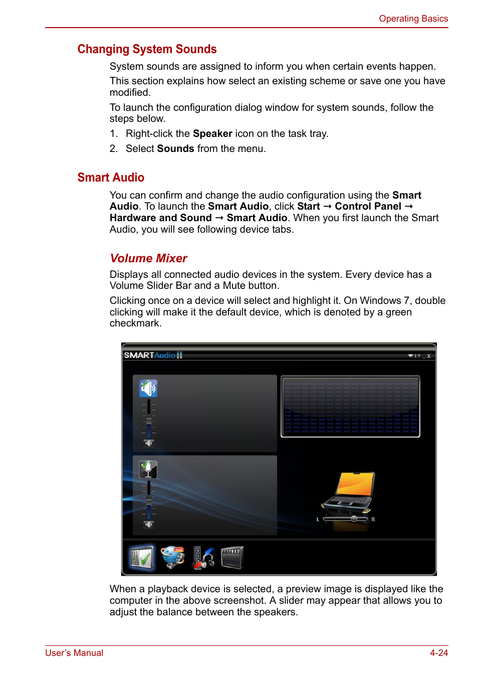 Changing system sounds, Smart audio | Toshiba Satellite C640 User Manual | Page 91 / 169