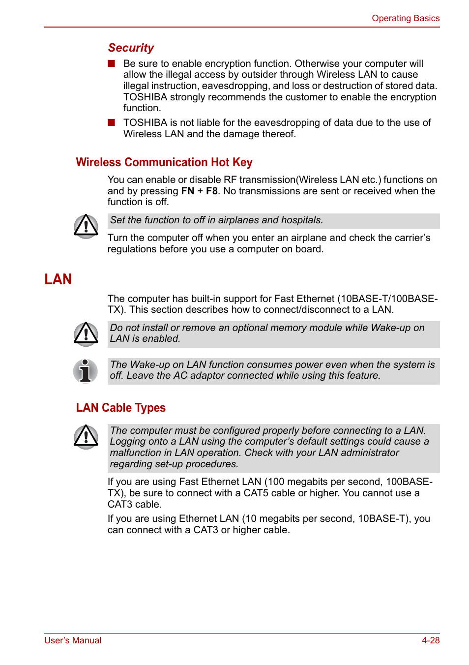 Lan -28, Wireless communication hot key, Lan cable types | Toshiba Satellite C640 User Manual | Page 95 / 169