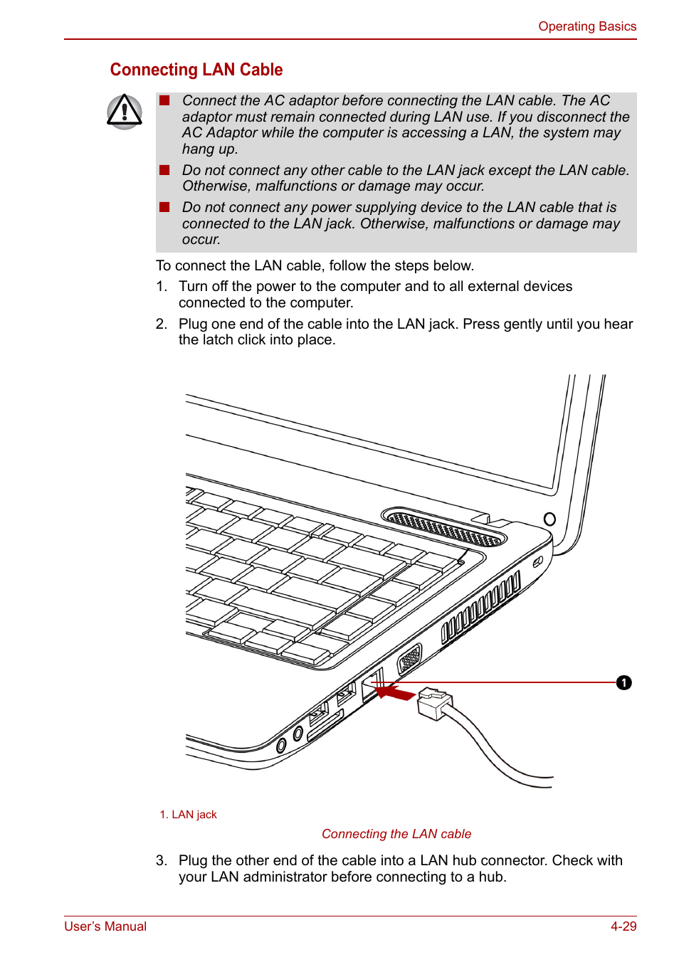 Connecting lan cable | Toshiba Satellite C640 User Manual | Page 96 / 169