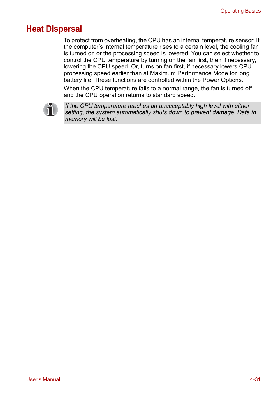 Heat dispersal, Heat dispersal -31 | Toshiba Satellite C640 User Manual | Page 98 / 169