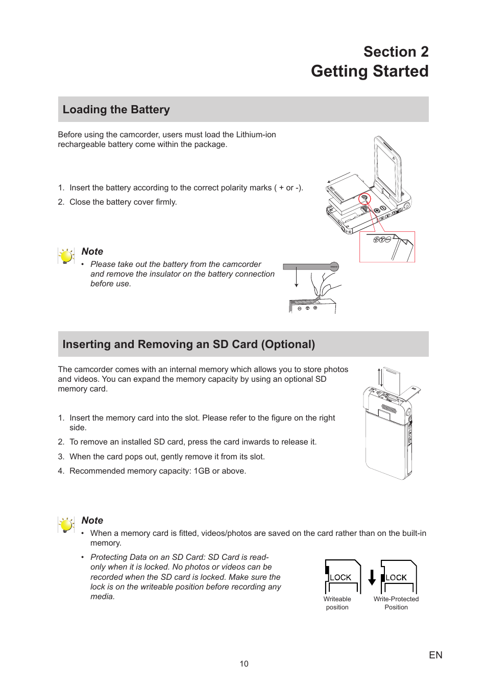 Section 2 getting started, Loading the battery, Inserting and removing an sd card (optional) | Getting started | Toshiba Camileo S30 User Manual | Page 10 / 47