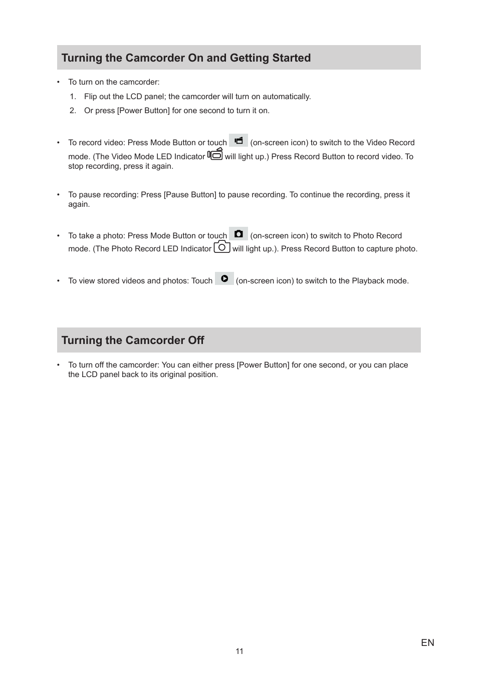 Turning the camcorder on and getting started, Turning the camcorder off | Toshiba Camileo S30 User Manual | Page 11 / 47