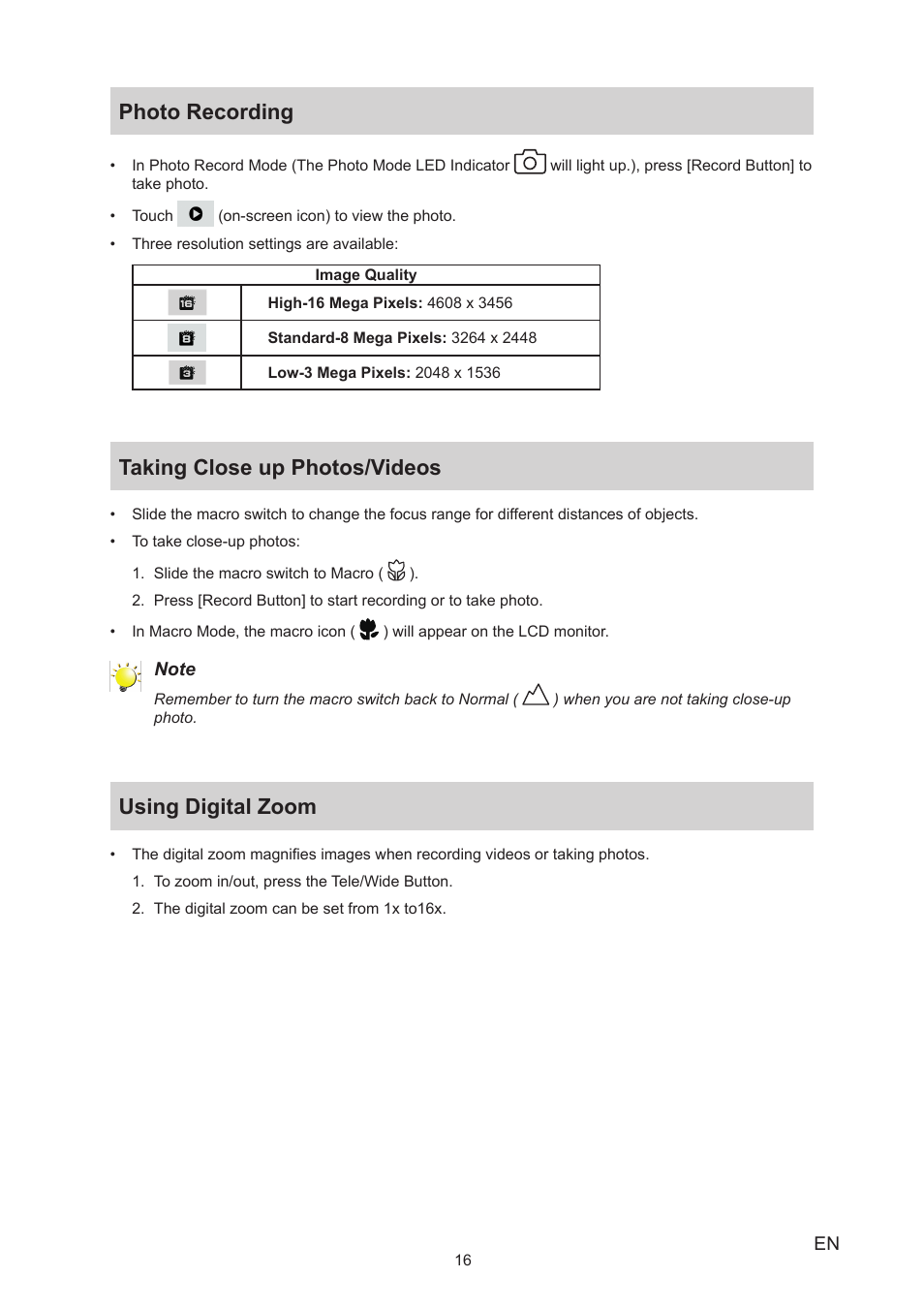 Photo recording, Taking close up photos/videos, Using digital zoom | Toshiba Camileo S30 User Manual | Page 16 / 47