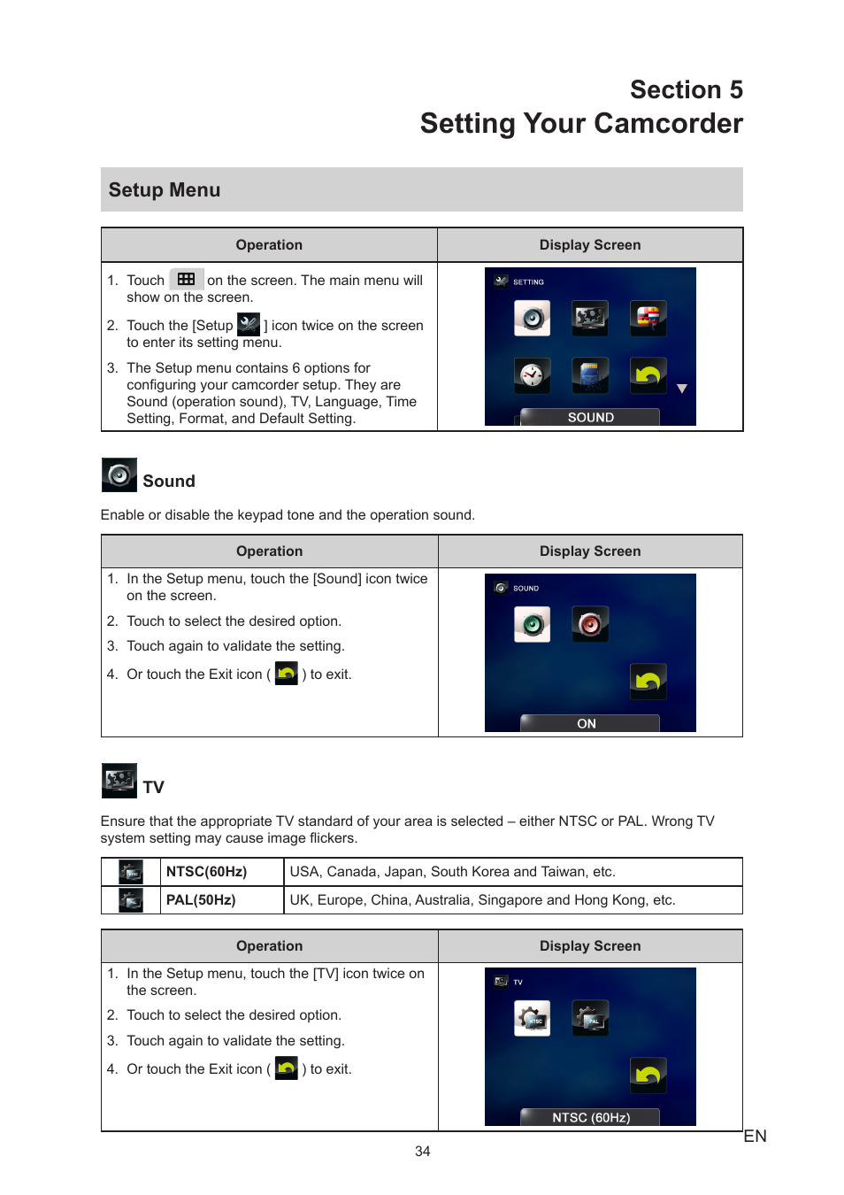 Section 5 setting your camcorder, Setup menu, Setting your camcorder | Toshiba Camileo S30 User Manual | Page 34 / 47