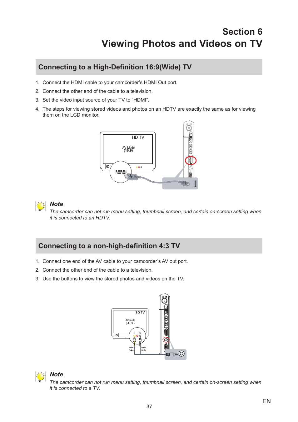 Section 6 viewing photos and videos on tv, Connecting to a high-definition 16:9(wide) tv, Connecting to a non-high-definition 4:3 tv | Viewing photos and videos on tv | Toshiba Camileo S30 User Manual | Page 37 / 47