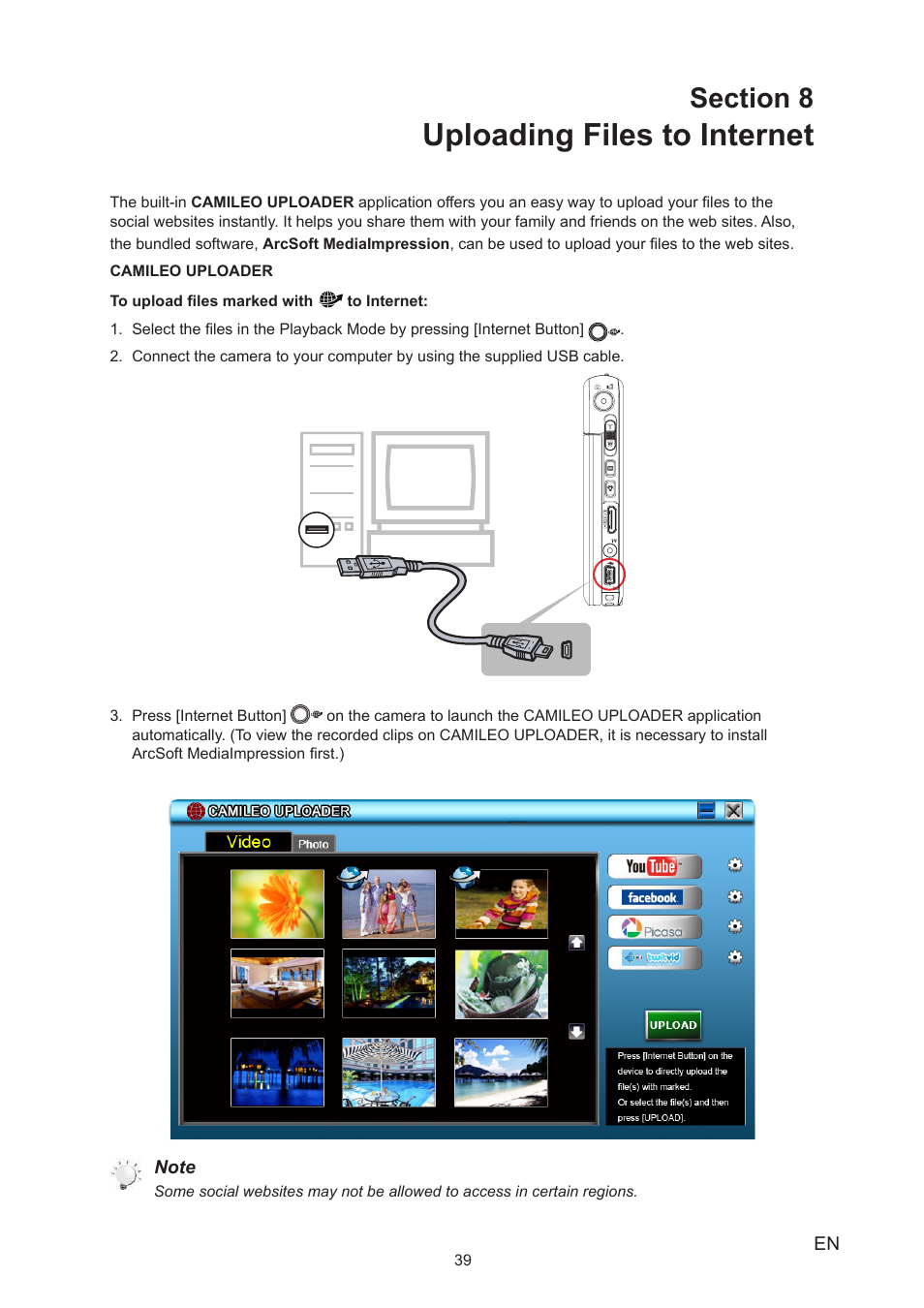 Section 8 uploading files to internet, Uploading files to internet | Toshiba Camileo S30 User Manual | Page 39 / 47