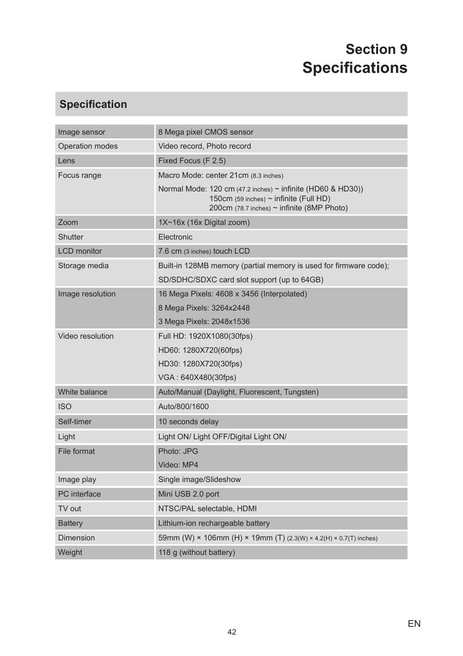 Section 9 specifications, Specifications, Specification | Toshiba Camileo S30 User Manual | Page 42 / 47