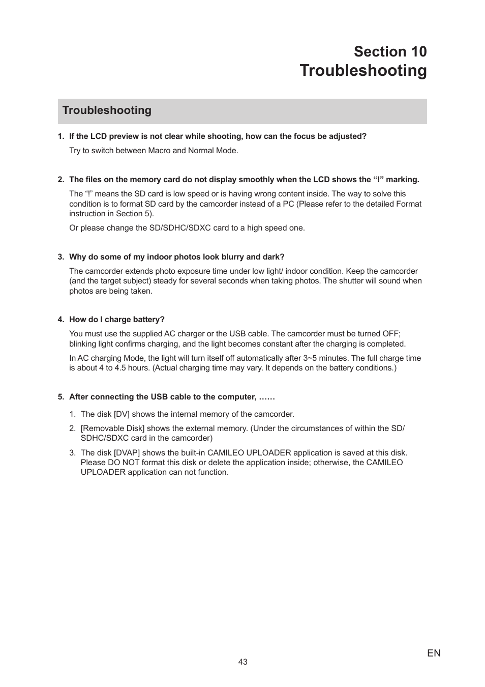 Section 10 troubleshooting, Troubleshooting | Toshiba Camileo S30 User Manual | Page 43 / 47