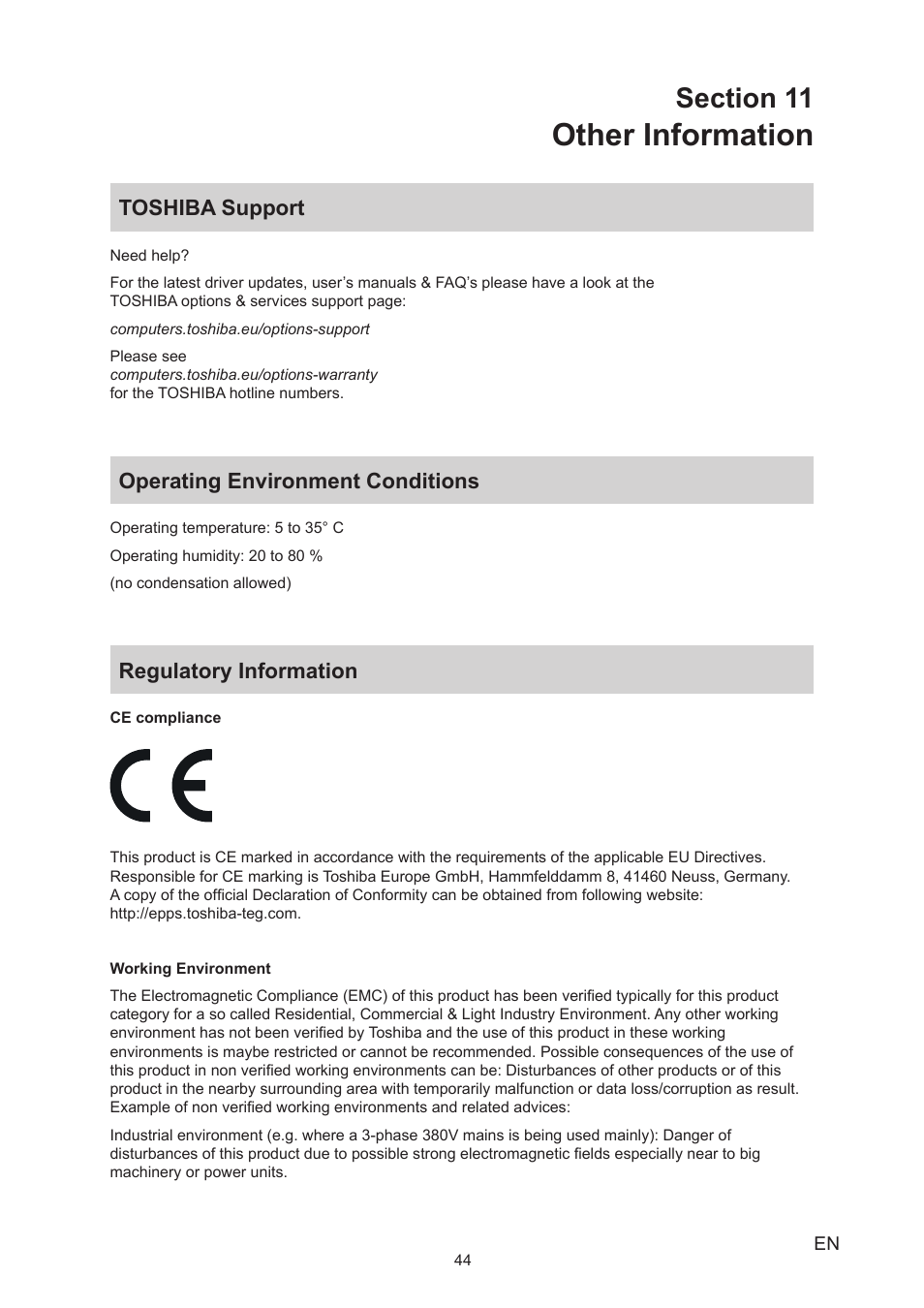Section 11 other information, Toshiba support, Operating environment conditions | Regulatory information, Other information | Toshiba Camileo S30 User Manual | Page 44 / 47