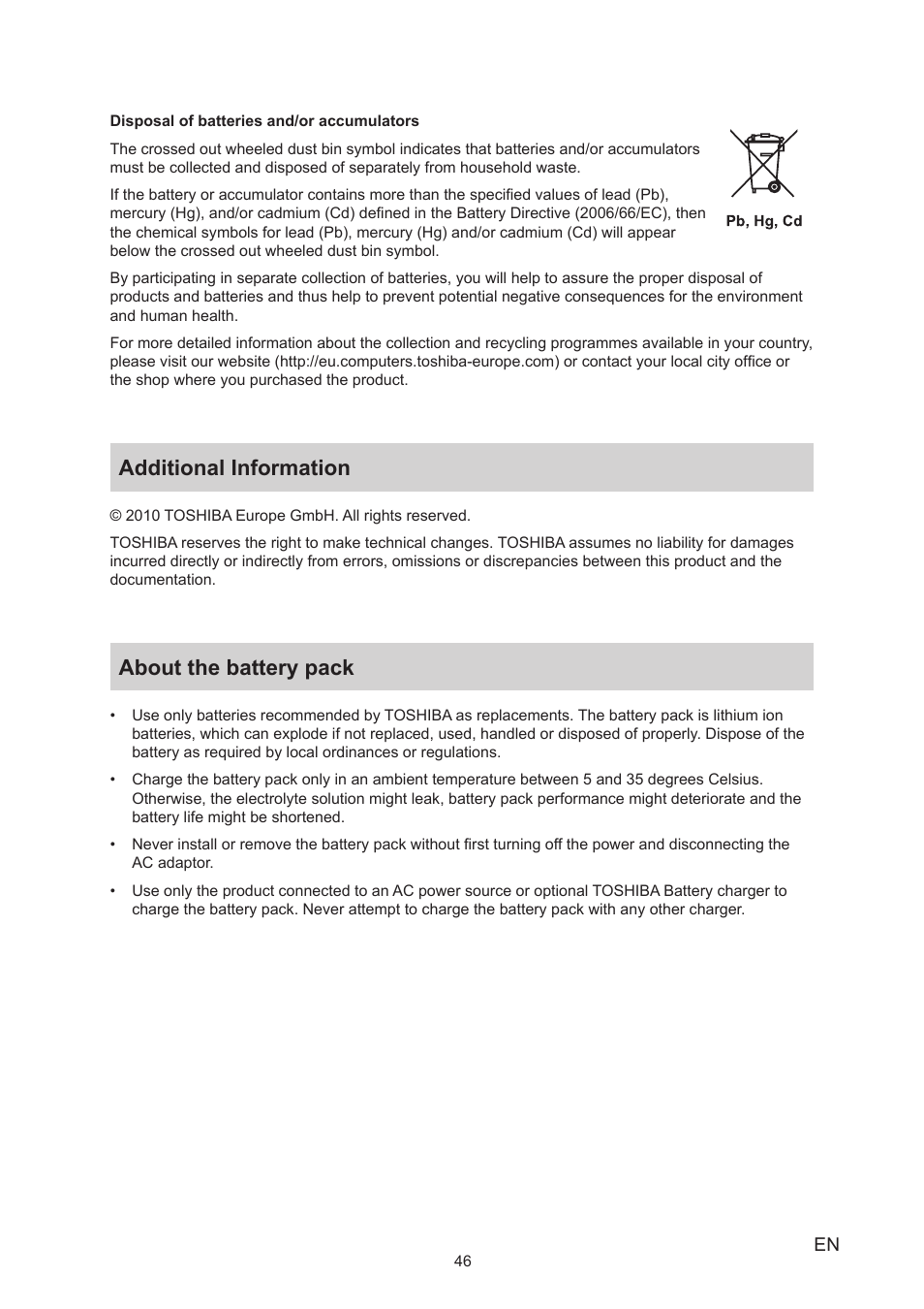 Additional information, About the battery pack | Toshiba Camileo S30 User Manual | Page 46 / 47
