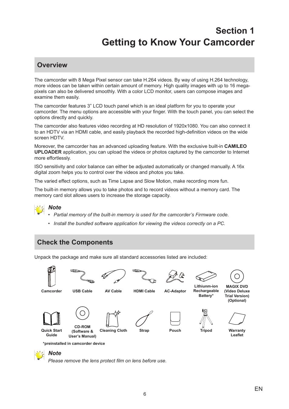 Section 1 getting to know your camcorder, Overview, Check the components | Overview check the components, Getting to know your camcorder | Toshiba Camileo S30 User Manual | Page 6 / 47