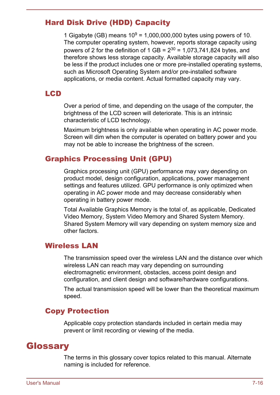Hard disk drive (hdd) capacity, Graphics processing unit (gpu), Wireless lan | Copy protection, Glossary, Glossary -16 | Toshiba Satellite Pro C40-A User Manual | Page 127 / 133