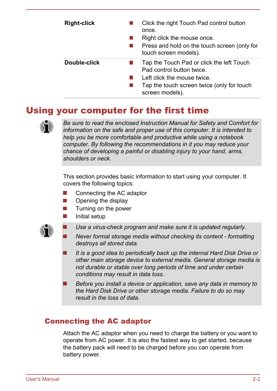 Using your computer for the first time, Connecting the ac adaptor, Using your computer for the first time -2 | Toshiba Satellite Pro C40-A User Manual | Page 19 / 133