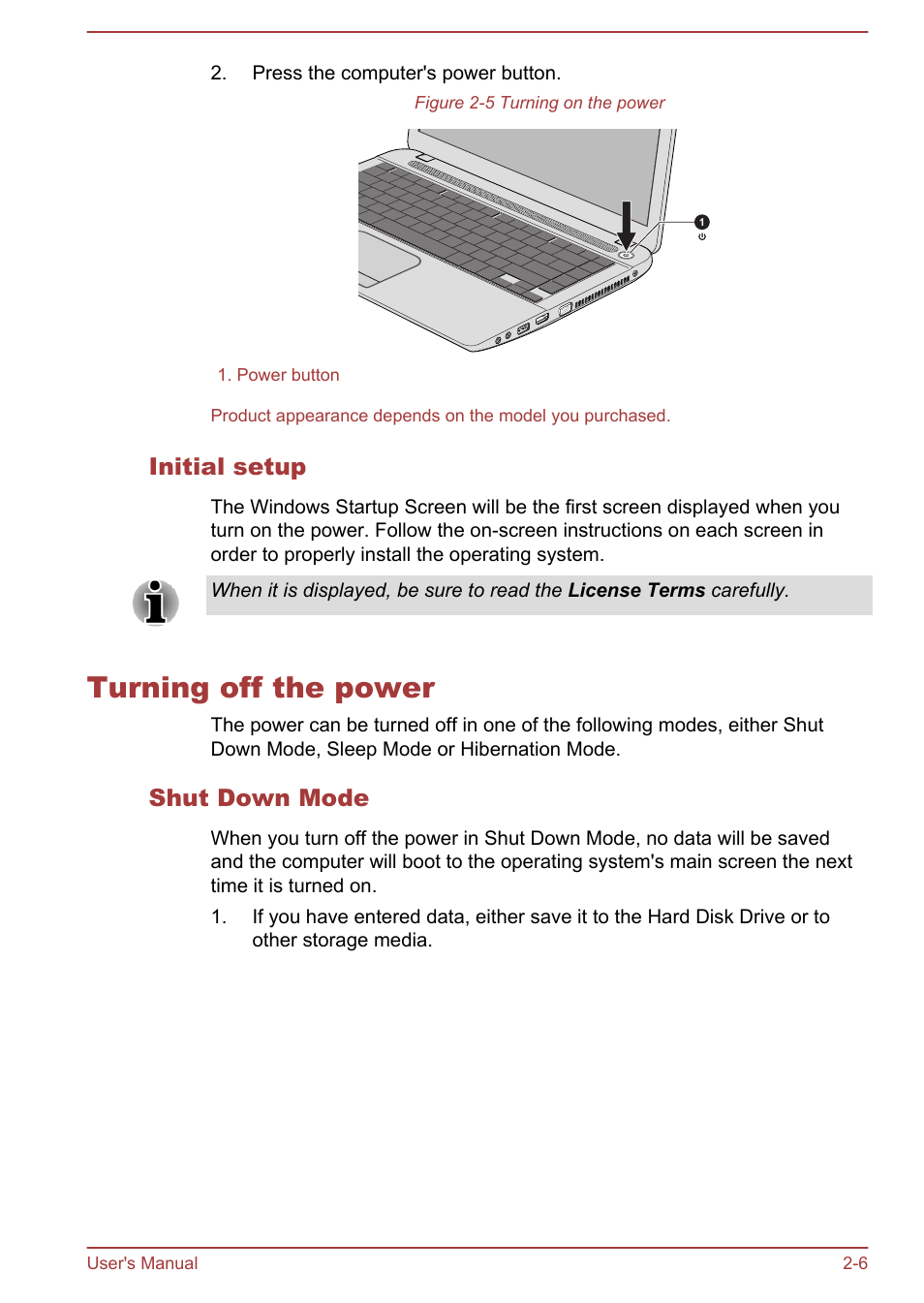 Initial setup, Turning off the power, Shut down mode | Turning off the power -6 | Toshiba Satellite Pro C40-A User Manual | Page 23 / 133