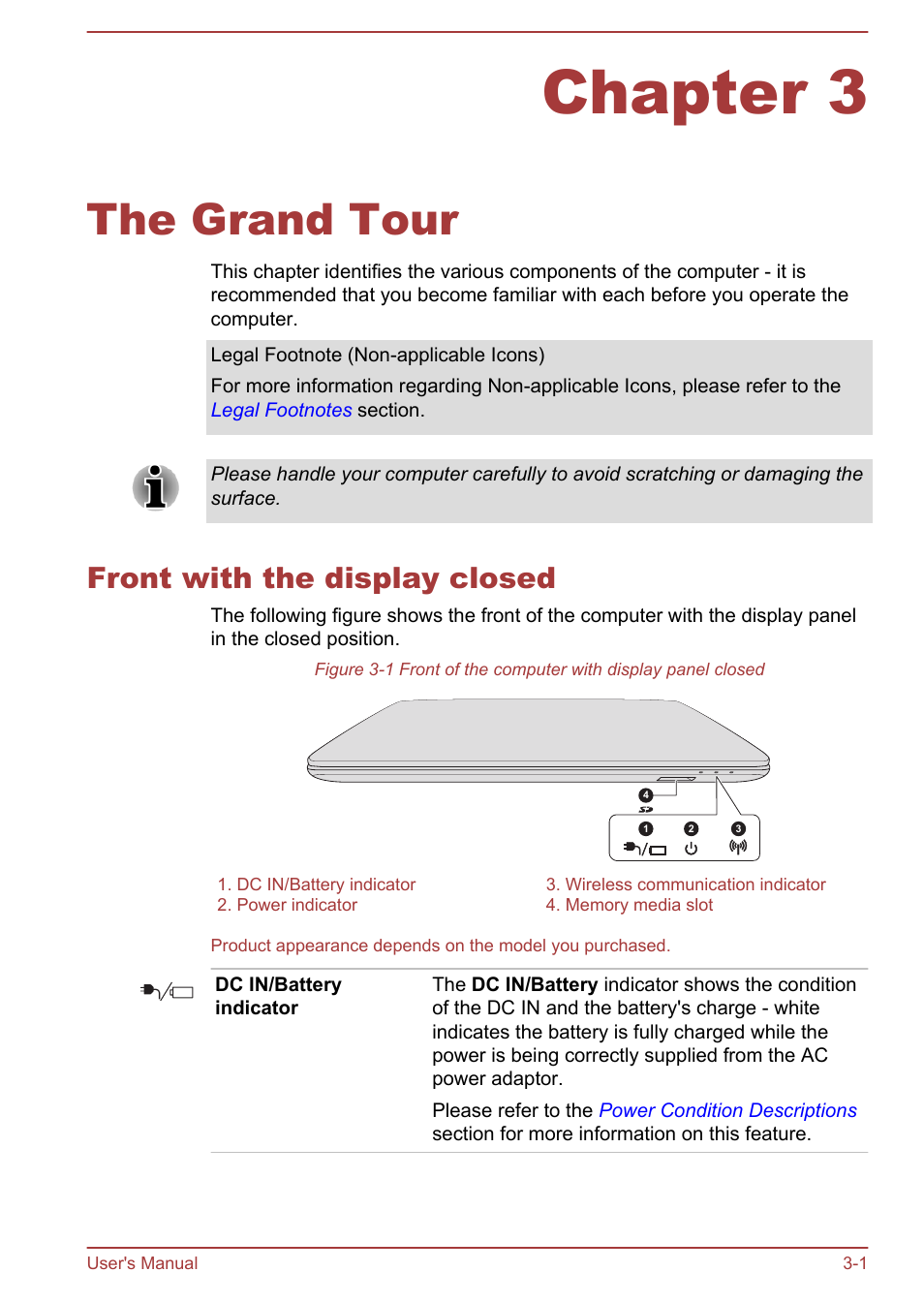Chapter 3 the grand tour, Front with the display closed, Chapter 3 | The grand tour, Front with the display closed -1 | Toshiba Satellite Pro C40-A User Manual | Page 28 / 133