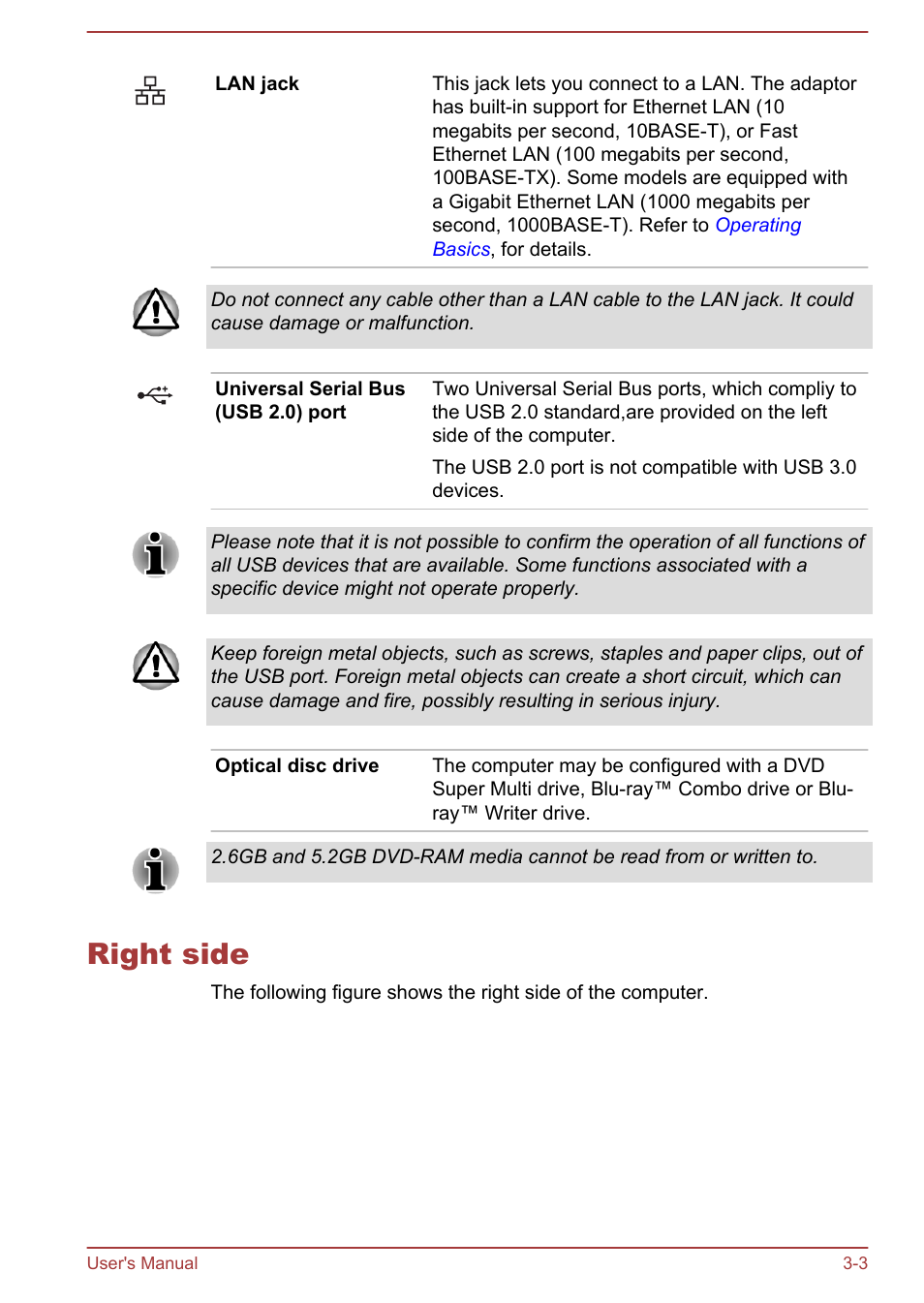 Right side, Right side -3 | Toshiba Satellite Pro C40-A User Manual | Page 30 / 133