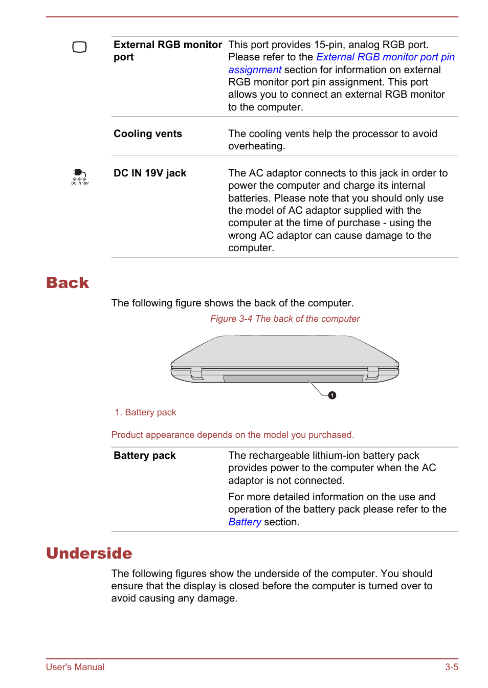 Back, Underside, Back -5 underside -5 | Toshiba Satellite Pro C40-A User Manual | Page 32 / 133