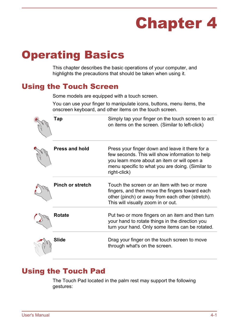 Chapter 4 operating basics, Using the touch screen, Using the touch pad | Chapter 4, Operating basics, Using the touch screen -1 using the touch pad -1, Second, 1000base-t). refer to, Operating, Basics, For details | Toshiba Satellite Pro C40-A User Manual | Page 42 / 133