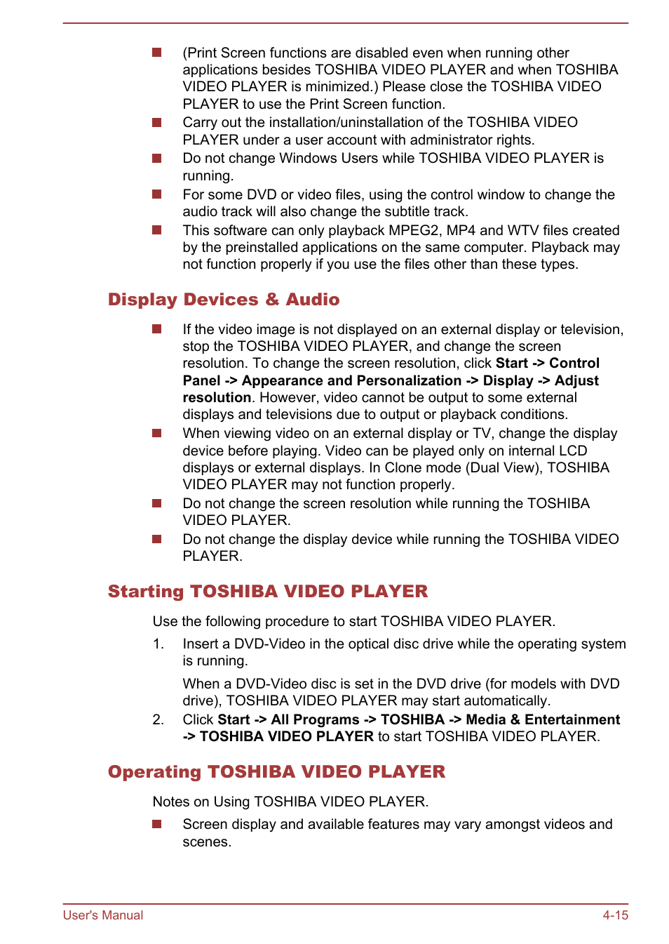 Display devices & audio, Starting toshiba video player, Operating toshiba video player | Toshiba Satellite Pro C40-A User Manual | Page 56 / 133