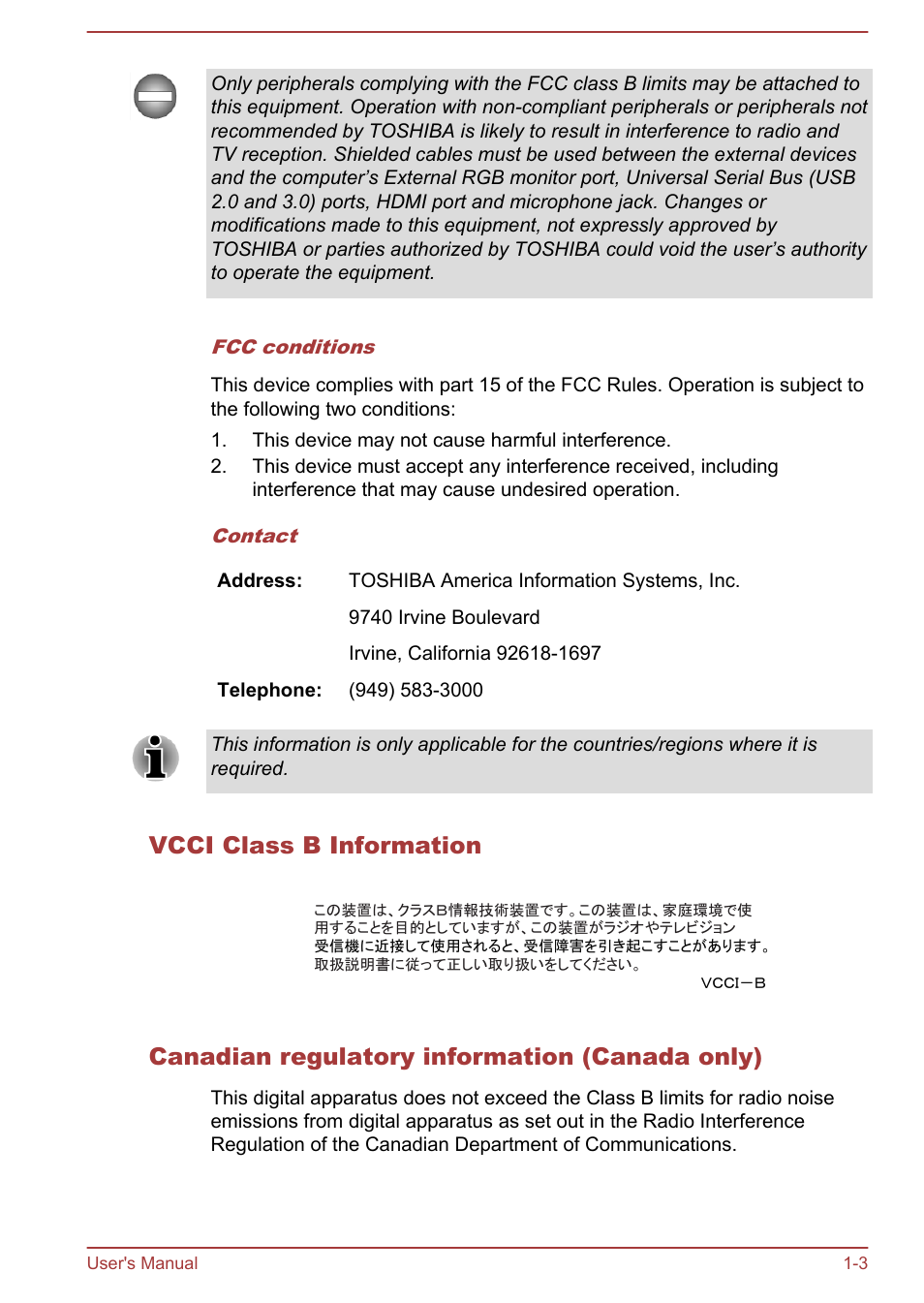 Vcci class b information, Canadian regulatory information (canada only) | Toshiba Satellite Pro C40-A User Manual | Page 6 / 133