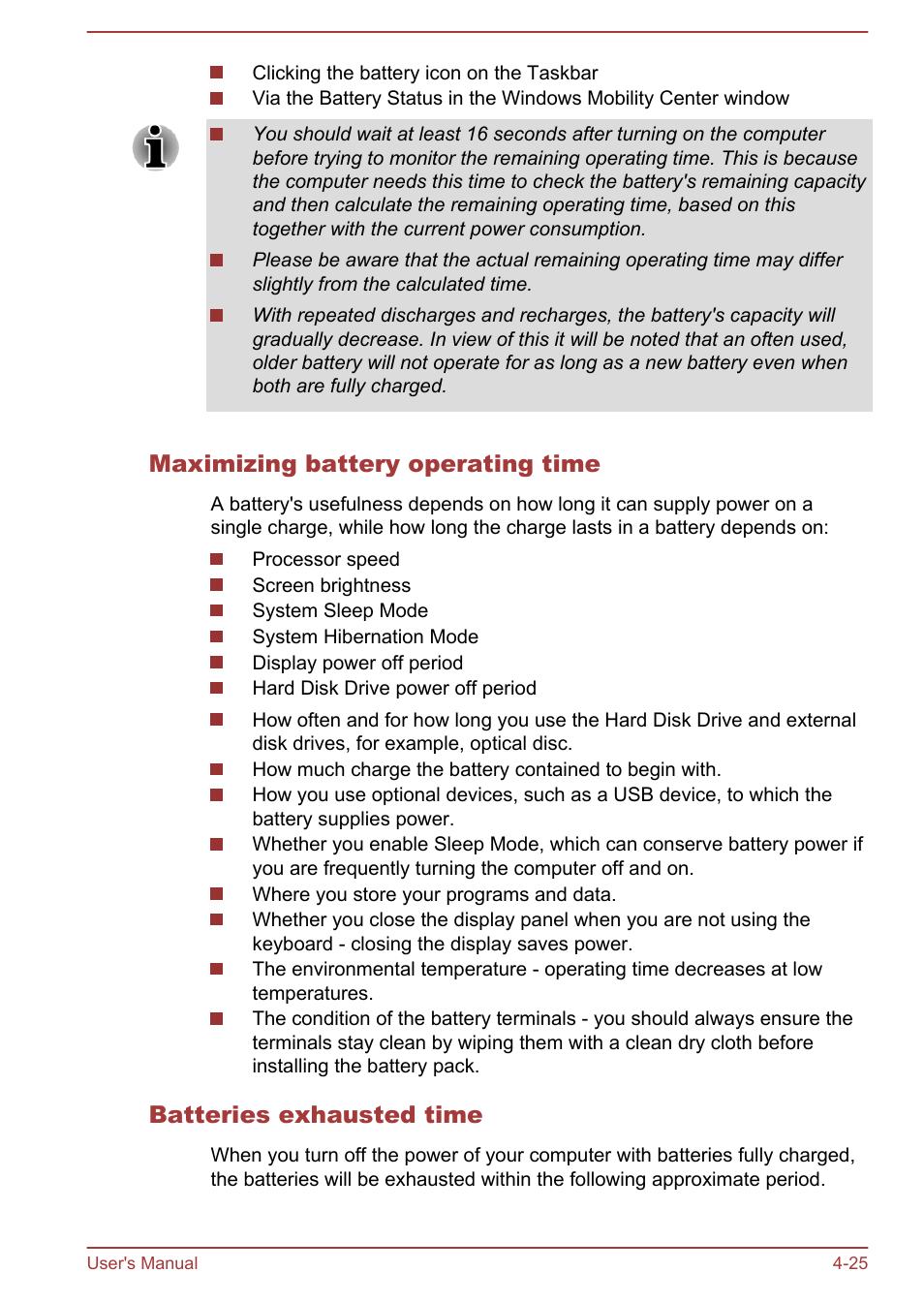 Maximizing battery operating time, Batteries exhausted time | Toshiba Satellite Pro C40-A User Manual | Page 66 / 133