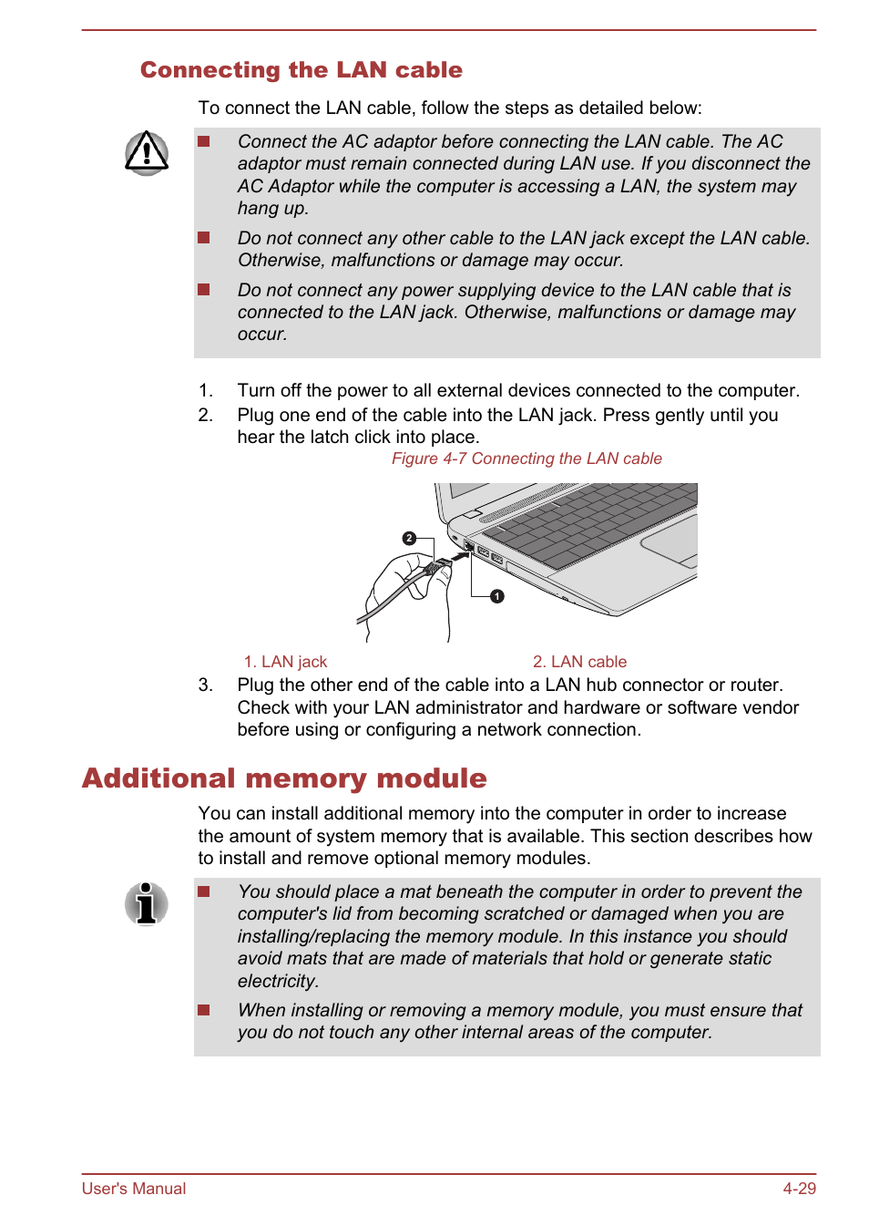 Connecting the lan cable, Additional memory module, Additional memory module -29 | Toshiba Satellite Pro C40-A User Manual | Page 70 / 133