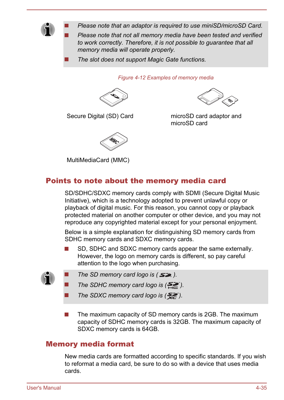 Points to note about the memory media card, Memory media format | Toshiba Satellite Pro C40-A User Manual | Page 76 / 133