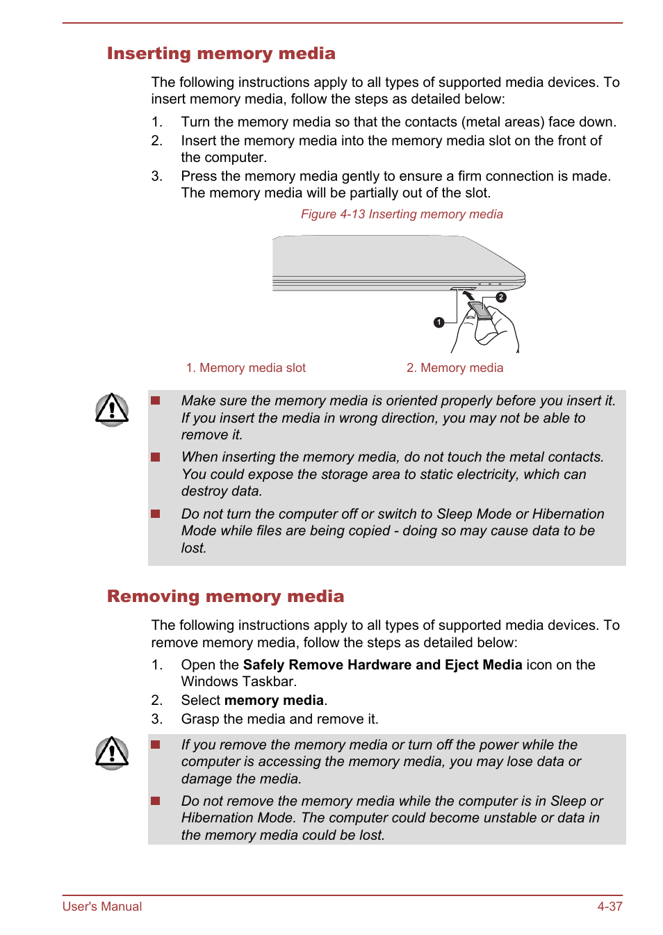 Inserting memory media, Removing memory media | Toshiba Satellite Pro C40-A User Manual | Page 78 / 133