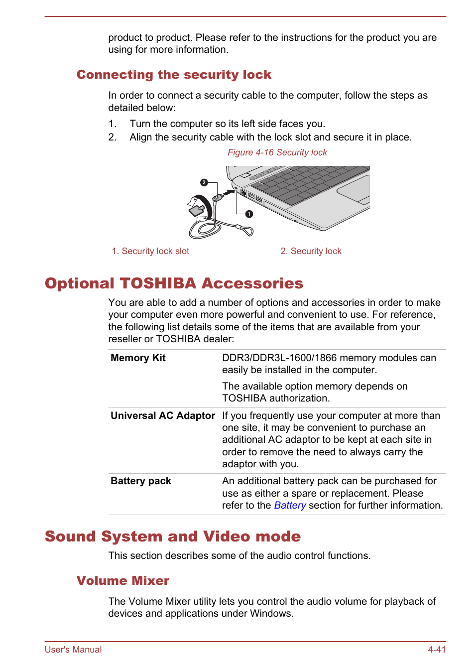 Connecting the security lock, Optional toshiba accessories, Sound system and video mode | Volume mixer, To the | Toshiba Satellite Pro C40-A User Manual | Page 82 / 133