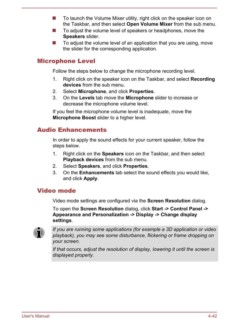 Microphone level, Audio enhancements, Video mode | Toshiba Satellite Pro C40-A User Manual | Page 83 / 133
