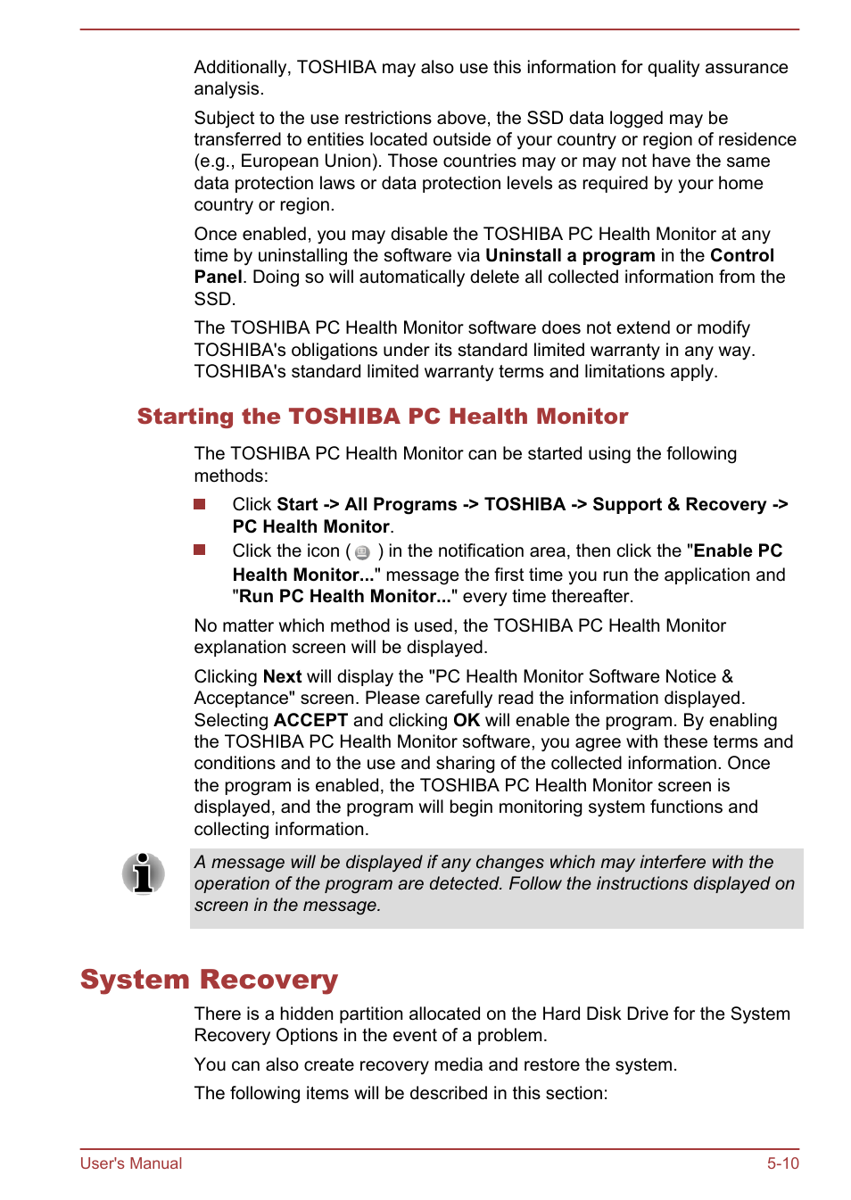 Starting the toshiba pc health monitor, System recovery, System recovery -10 | Toshiba Satellite Pro C40-A User Manual | Page 93 / 133