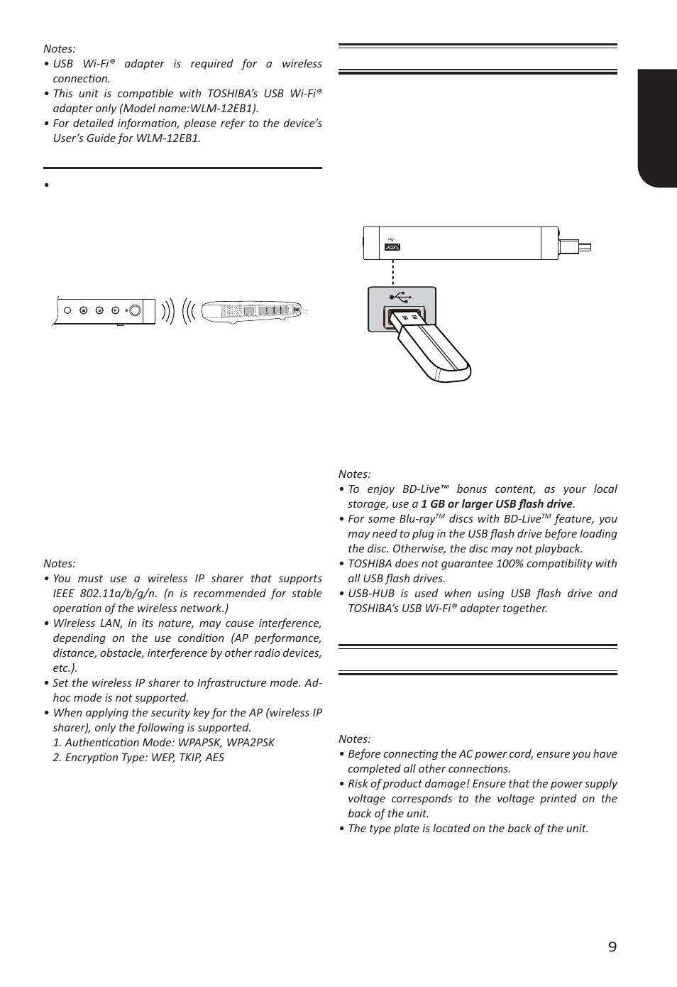 English 9, Connecting usb device connecting power | Toshiba BDX2400 User Manual | Page 9 / 51