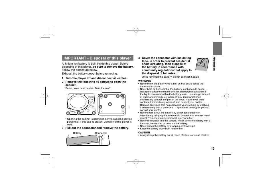 Important - disposal of this player | Toshiba SDP74D User Manual | Page 13 / 76