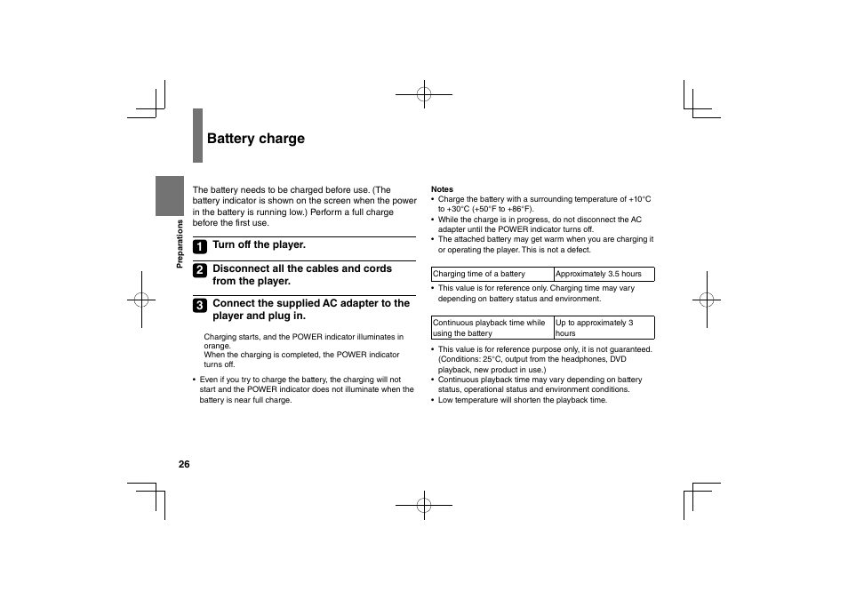 Battery charge | Toshiba SDP74D User Manual | Page 26 / 76