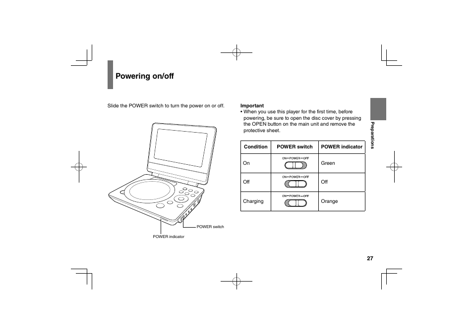 Powering on/off | Toshiba SDP74D User Manual | Page 27 / 76