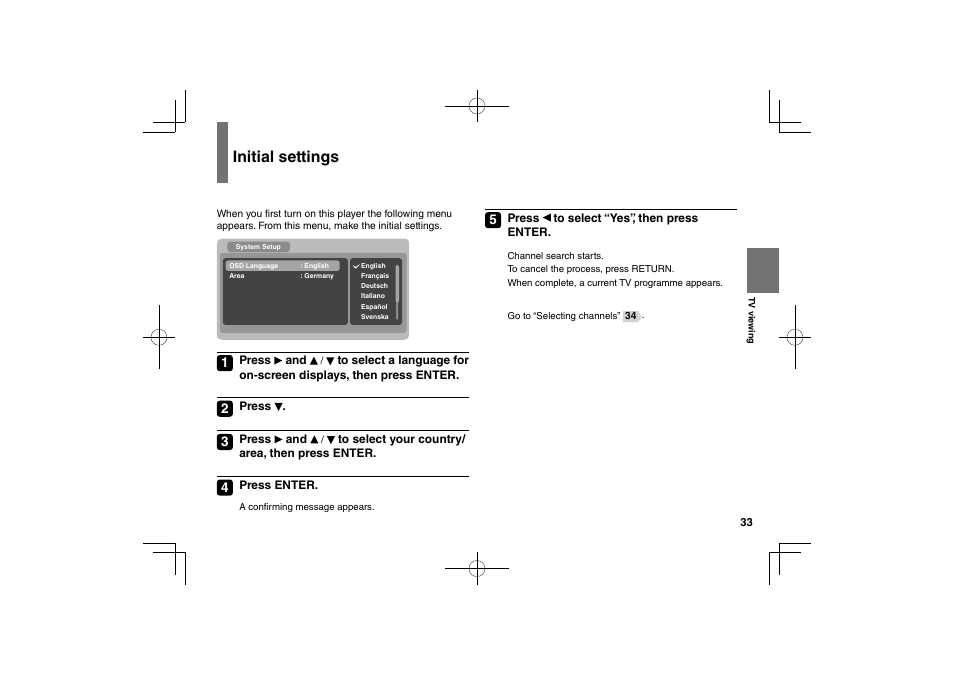 Initial settings | Toshiba SDP74D User Manual | Page 33 / 76