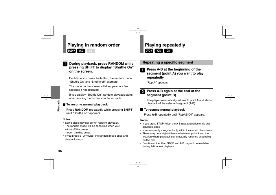 Playing in random order, Playing repeatedly | Toshiba SDP74D User Manual | Page 46 / 76